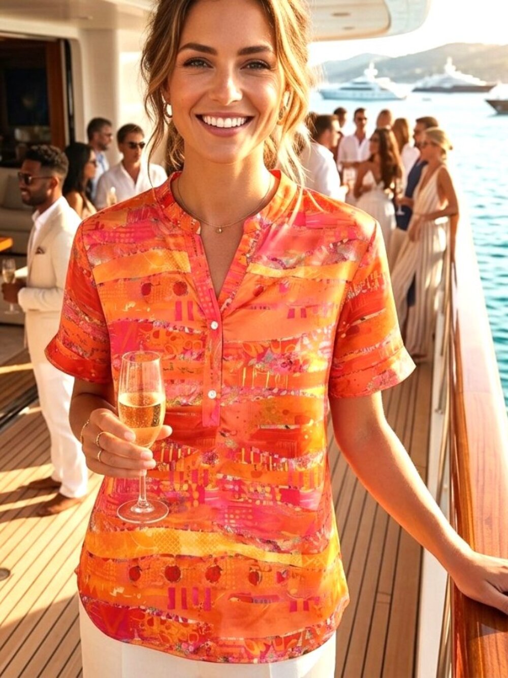 Made With Love Womens Split Neck Tunic Medium Orange Multi Short Sleeve NWT